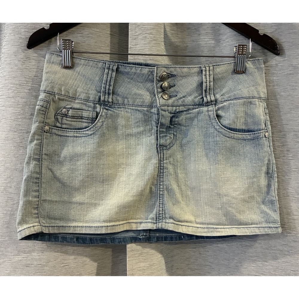 Y2K L.e.i. Denim Micro Mini Skirt Juniors Blue Ashley Trouble Low Rise Preppy 5